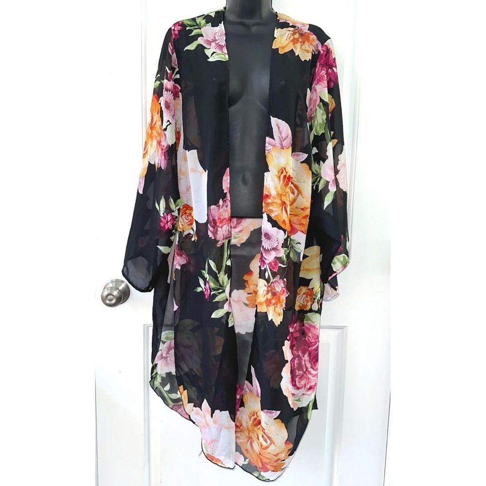Adora Black Floral Print Kimono Shawl